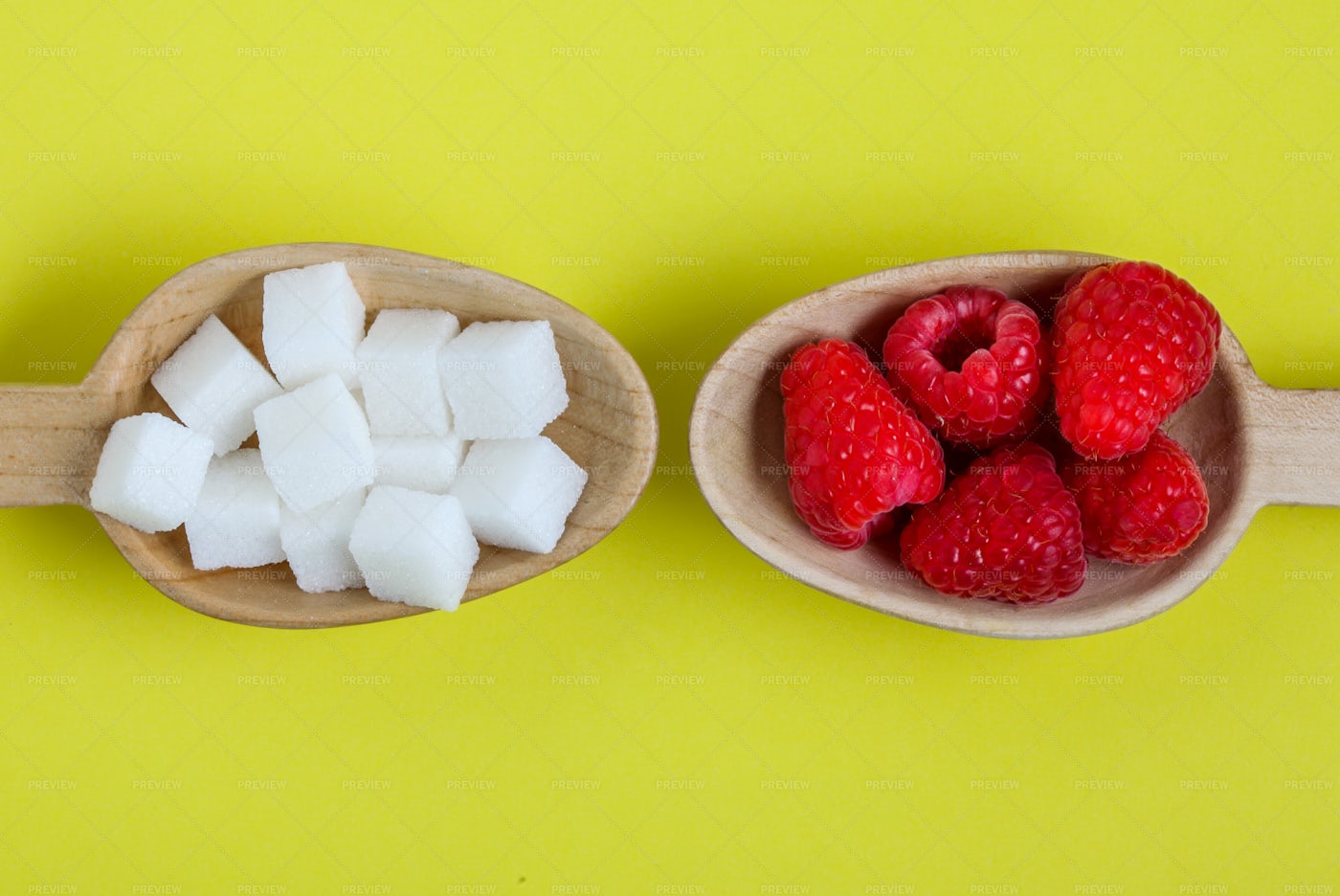 Healthy Raspberries And Unhealthy Sugar: Stock Photos