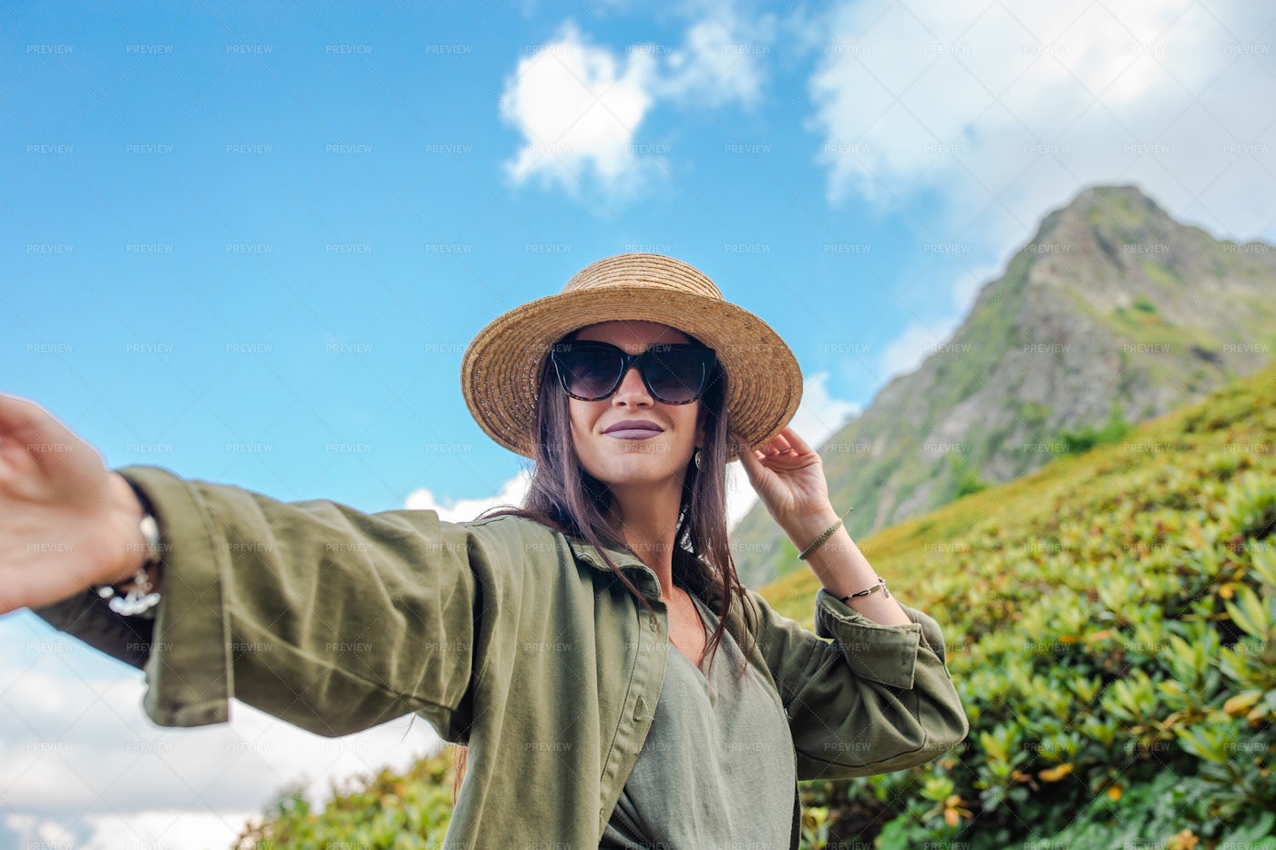 Woman Taking A Selfie On The Mountains: Stock Photos