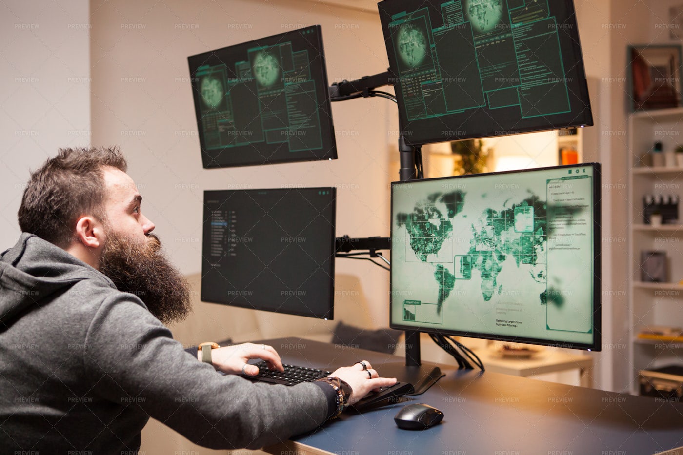 Hacker Conducts Cyber Attack: Stock Photos