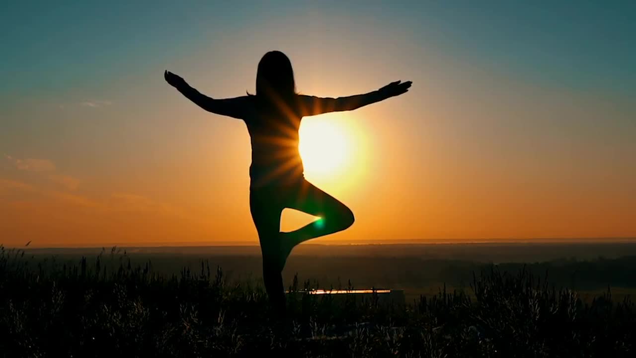 Yoga tree pose. Silhouette of woman practicing yoga on the sunset. Vector  illustration 7797431 Vector Art at Vecteezy