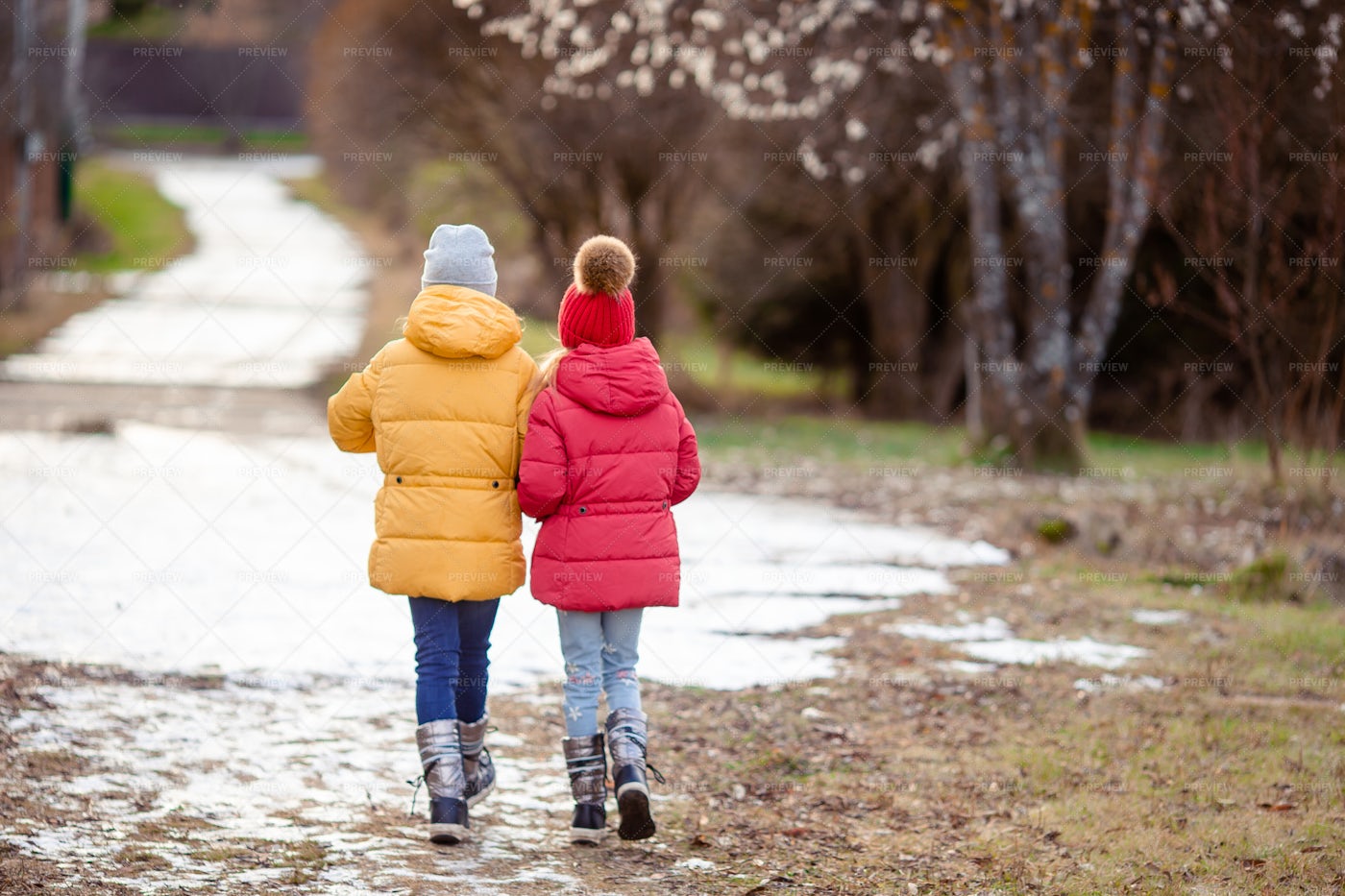 Sisters Walking In Winter: Stock Photos