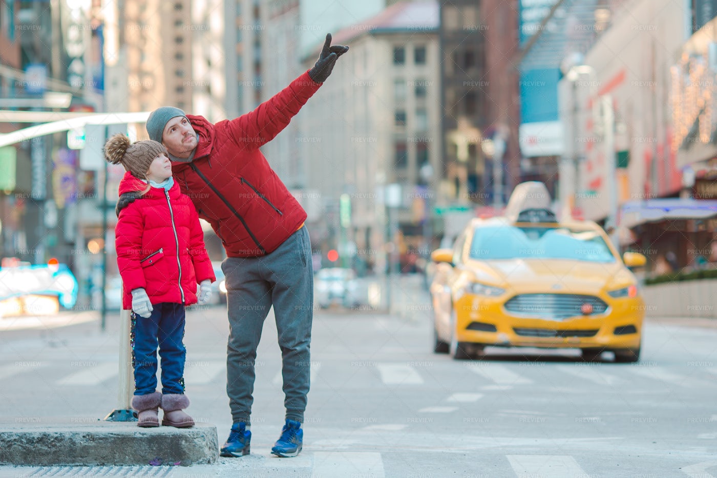 Father And Little Kid On Times Square: Stock Photos