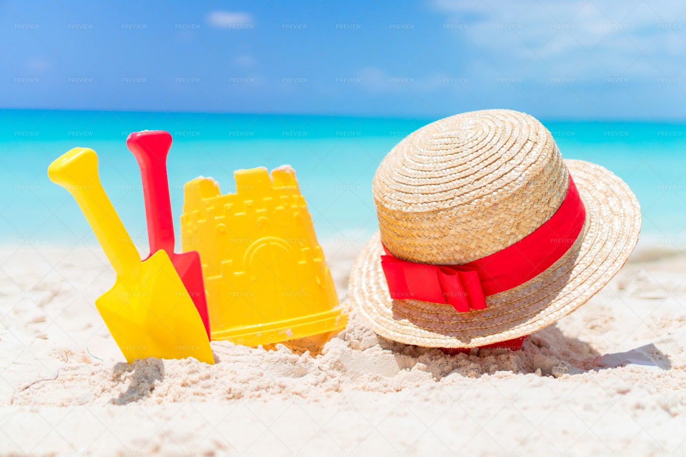 Beach Kid's Toys On White Sand: Stock Photos
