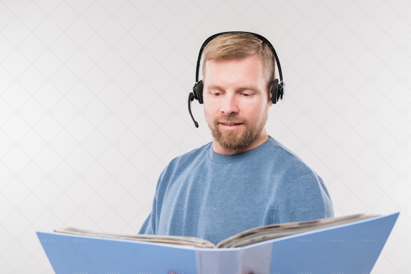 Bearded Young Operator With Headset...: Stock Photos