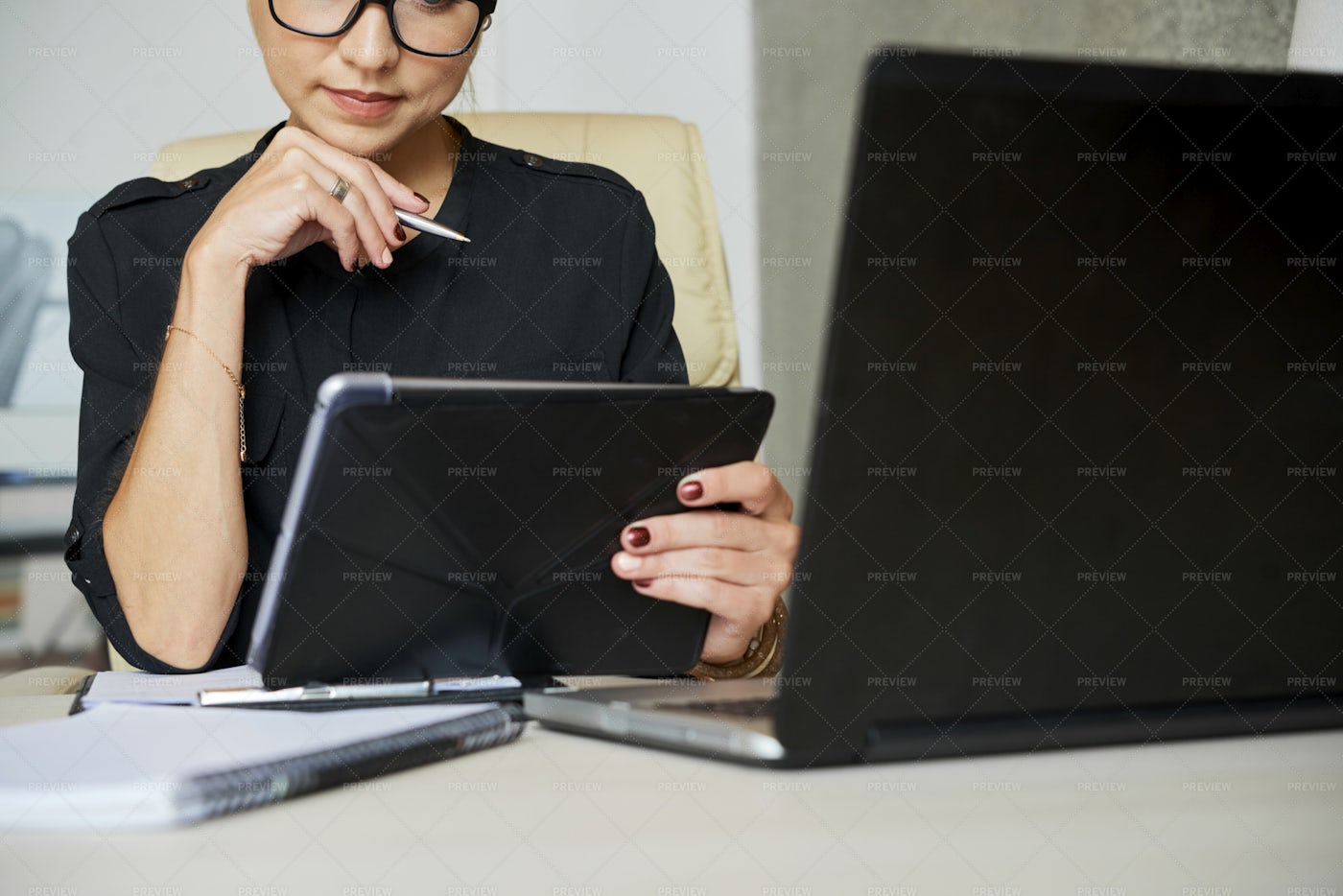 Pensive Business Lady With Tablet: Stock Photos