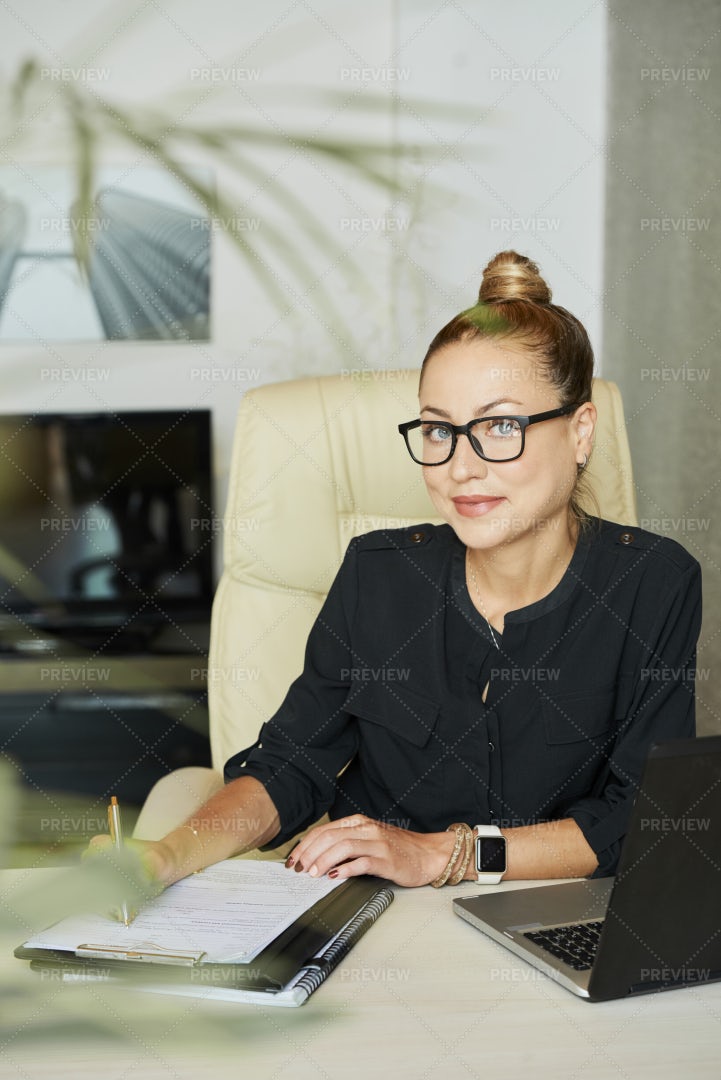 Happy Business Lady At Her Office Table: Stock Photos