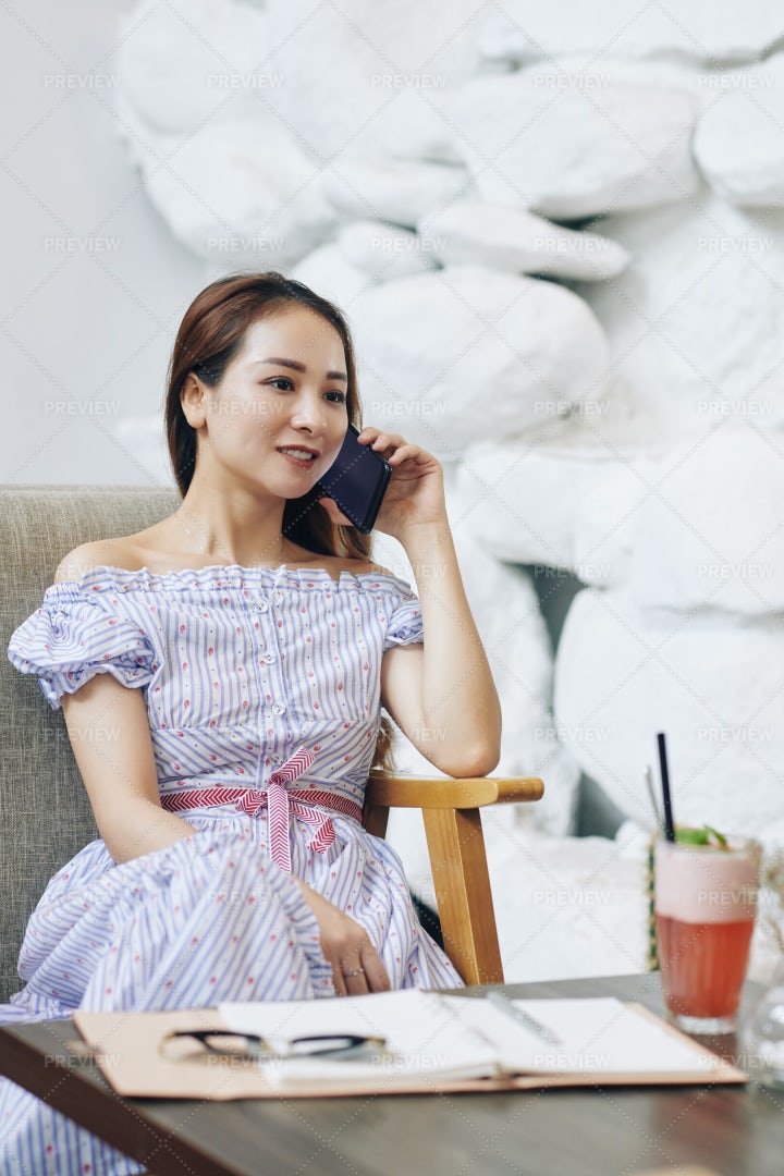 Positive Woman Calling On Phone: Stock Photos