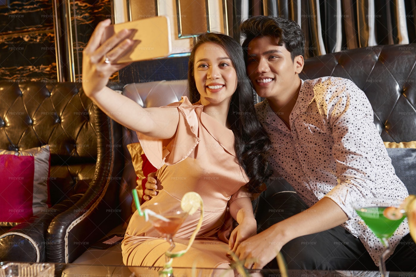 Selfie Portrait Of Couple In Restaurant: Stock Photos