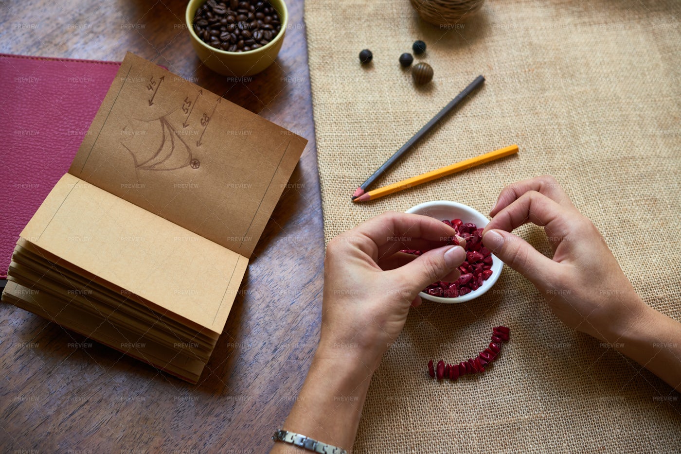 Woman Making Handmade Necklace: Stock Photos