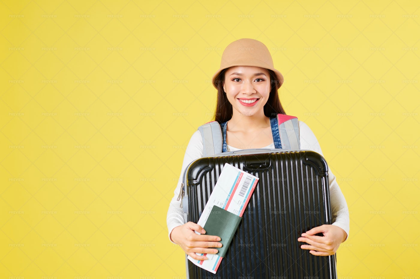 Cheerful Tourist With Big Suitcase: Stock Photos