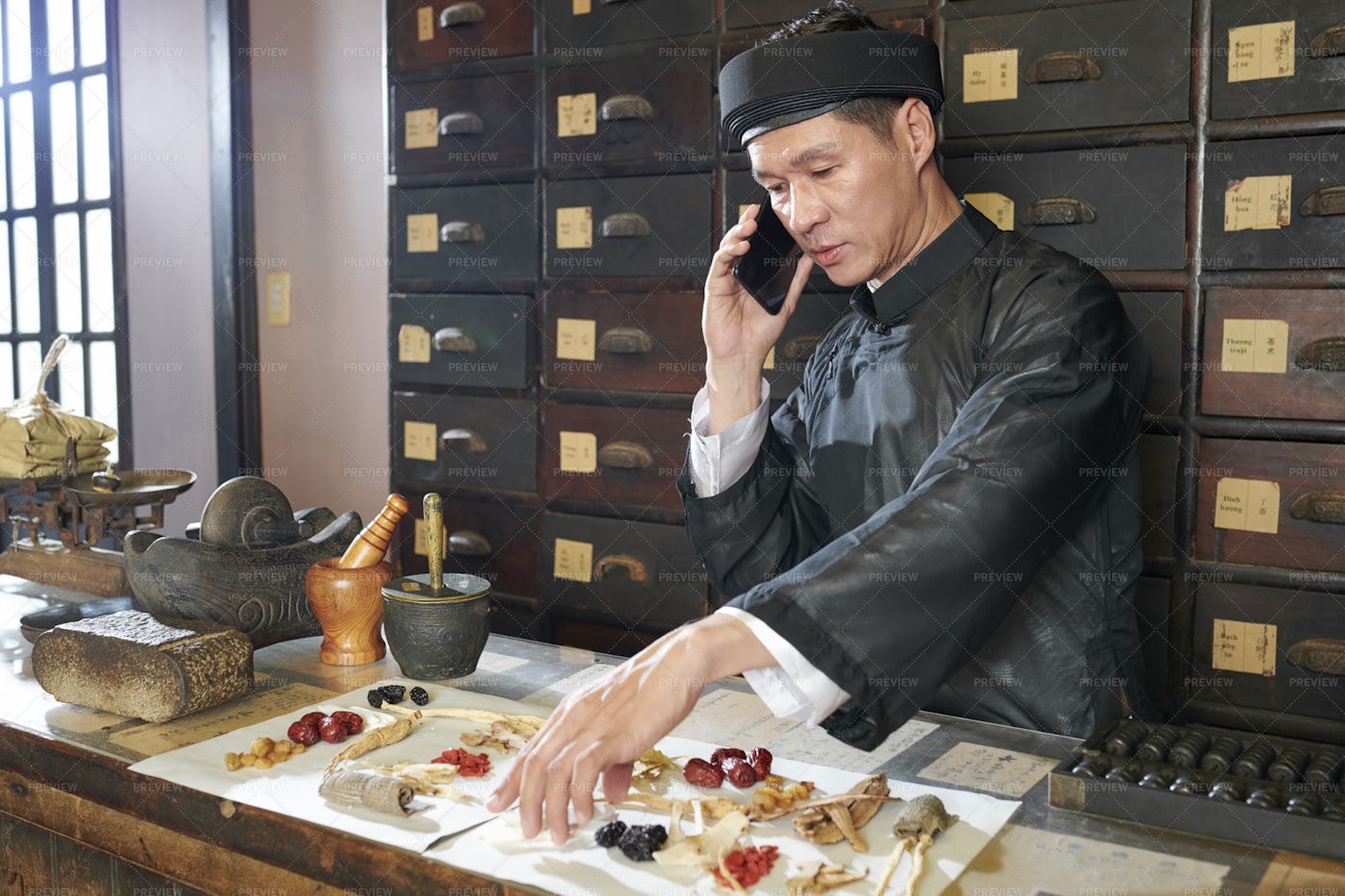 Asian Medicine Practitione Collecting: Stock Photos