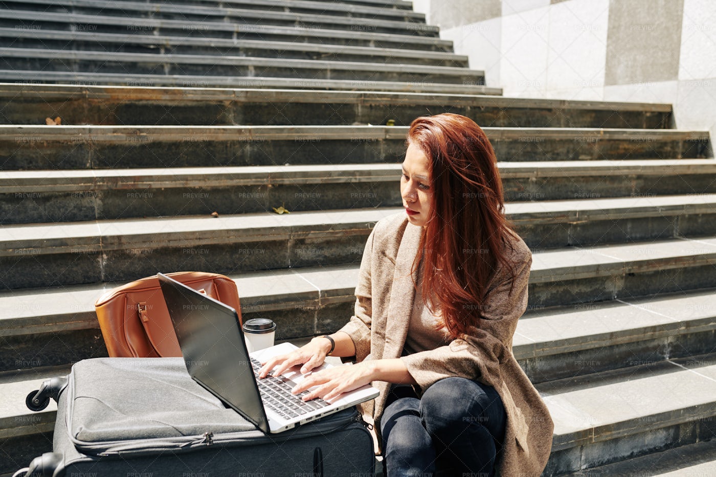 Woman Sitting On Steps With Laptop: Stock Photos