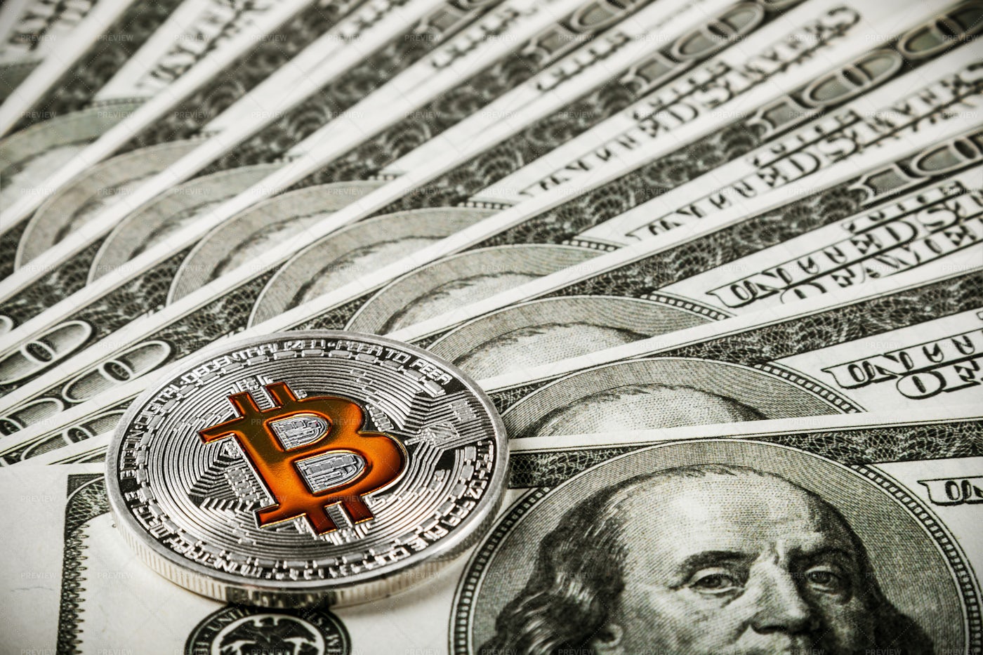 Bitcoin And Dollars: Stock Photos
