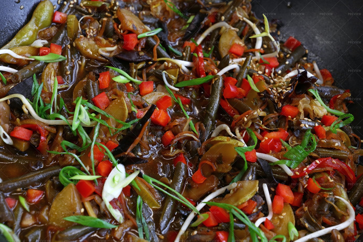 Asian Stir Fried Vegetables In Wok Pan: Stock Photos