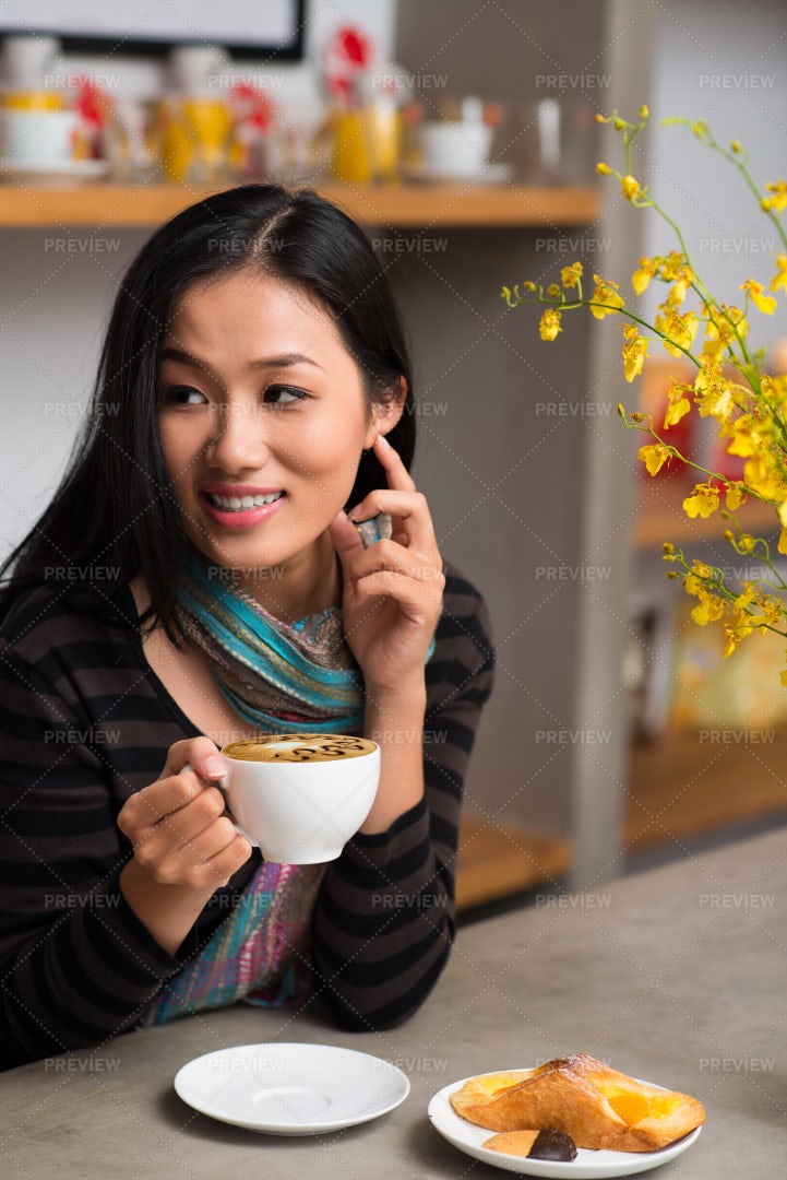 Pretty Woman In Coffee Shop: Stock Photos