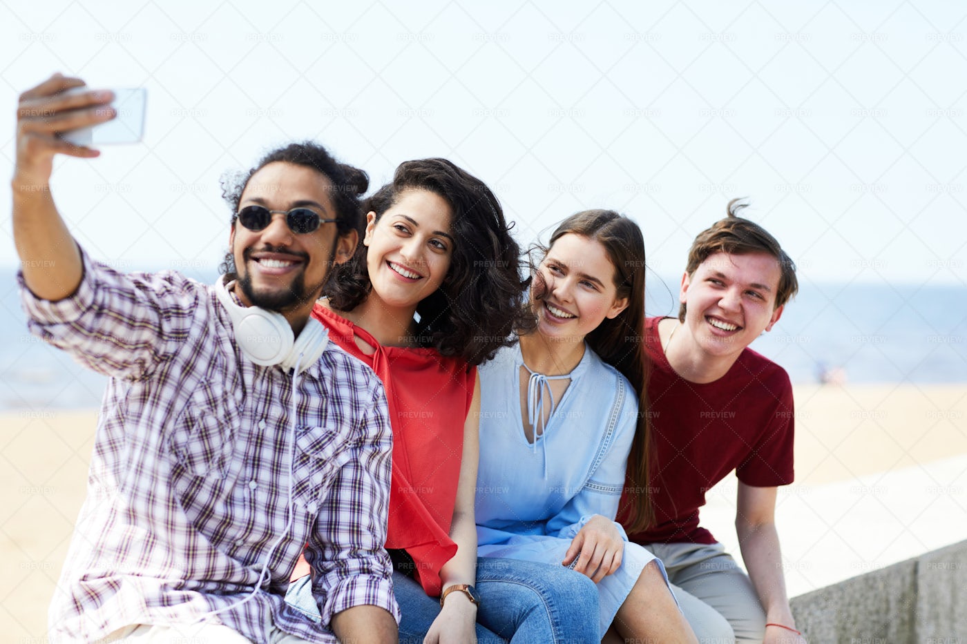 Friends Taking Selfie At Beach: Stock Photos