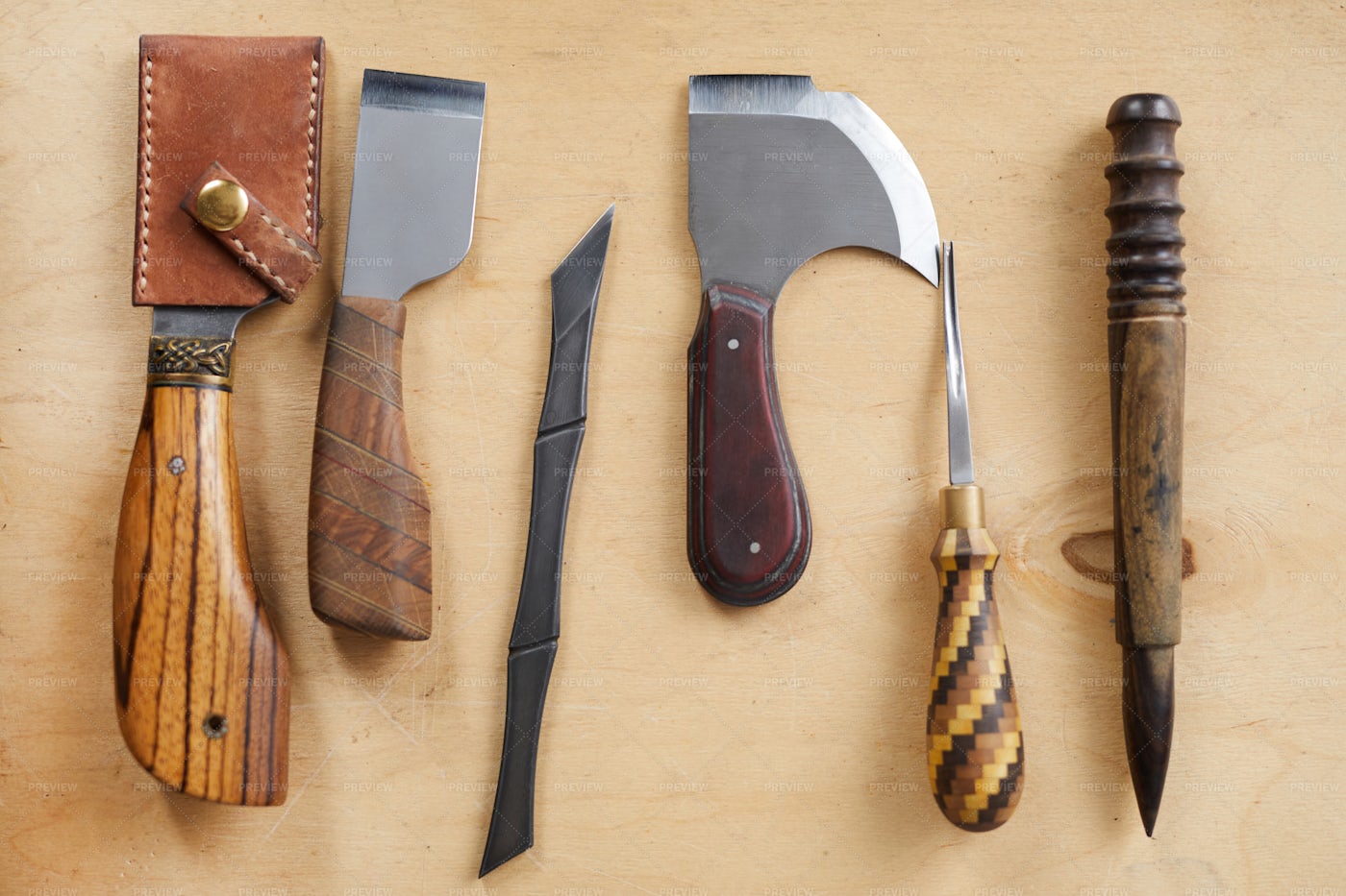 Leatherwork Tools On Table: Stock Photos