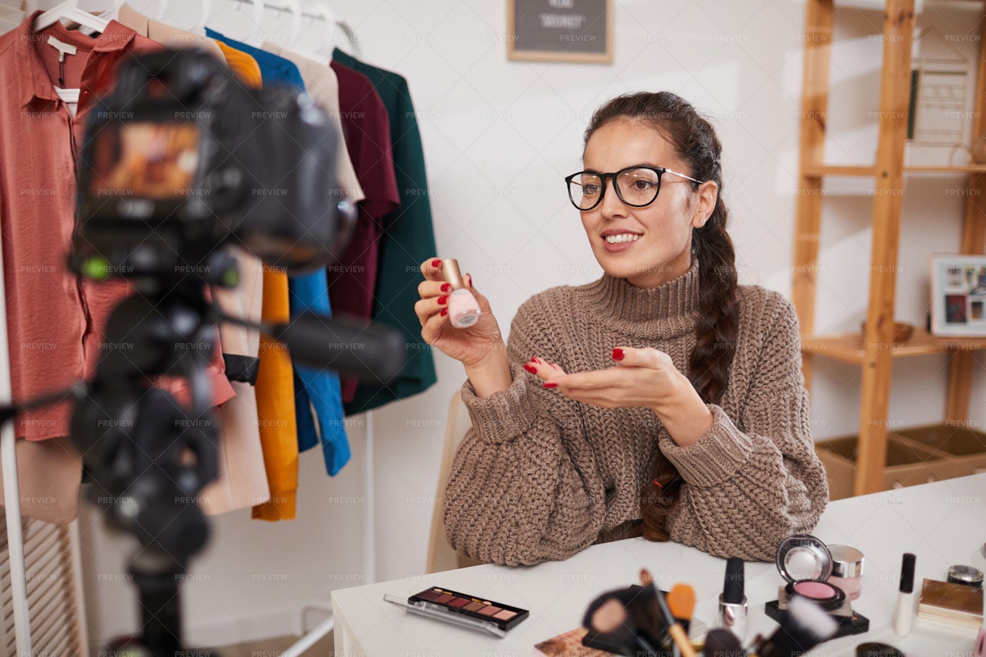 Lifestyle Blogger Filming Video On...: Stock Photos