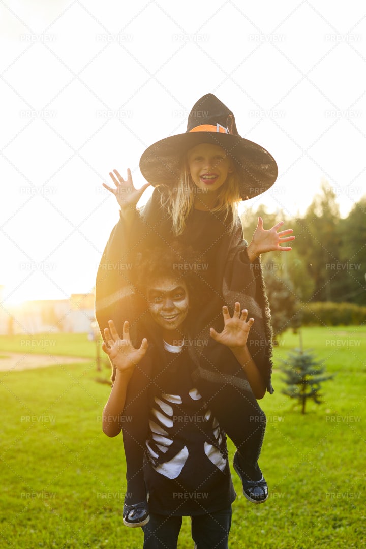 Two Playful Kids On Halloween: Stock Photos