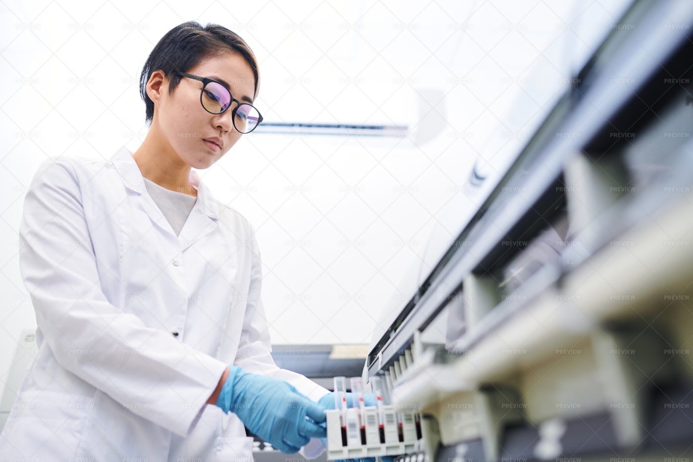 Asian Laboratory Employee Placing...: Stock Photos
