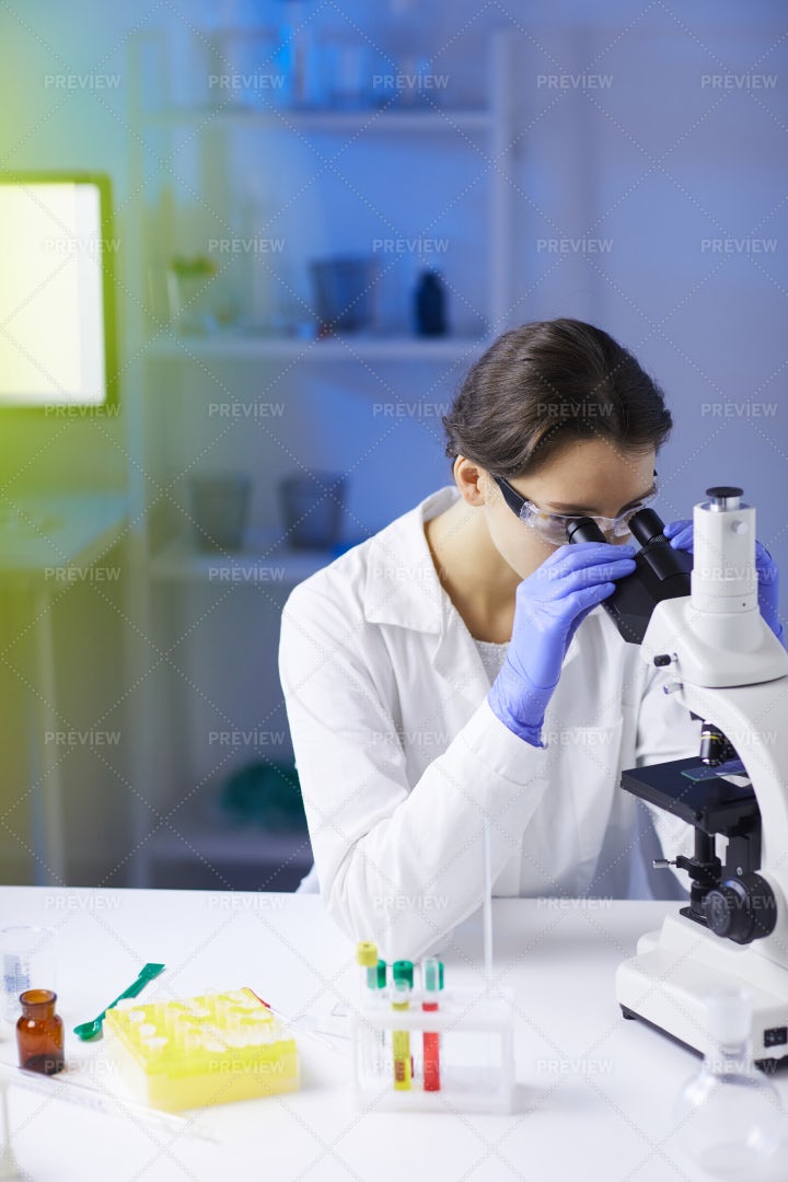 Woman Looking In Microscope: Stock Photos