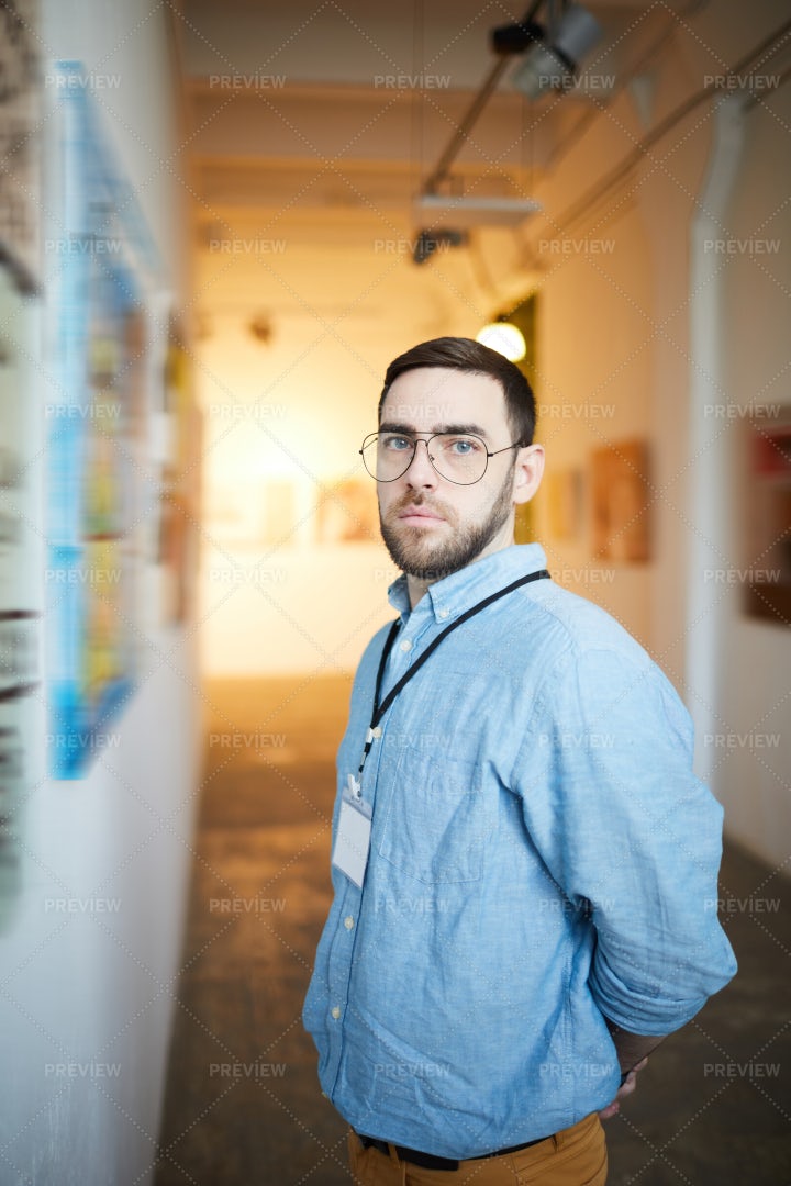 Pensive Man In Art Gallery: Stock Photos