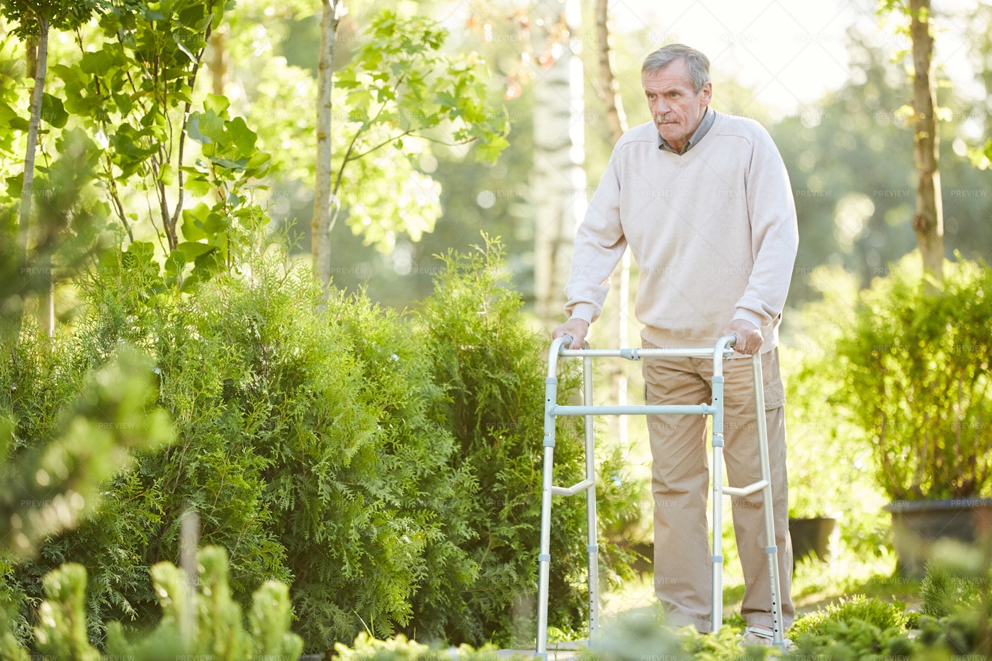 Senior Man Using Walker In Park: Stock Photos