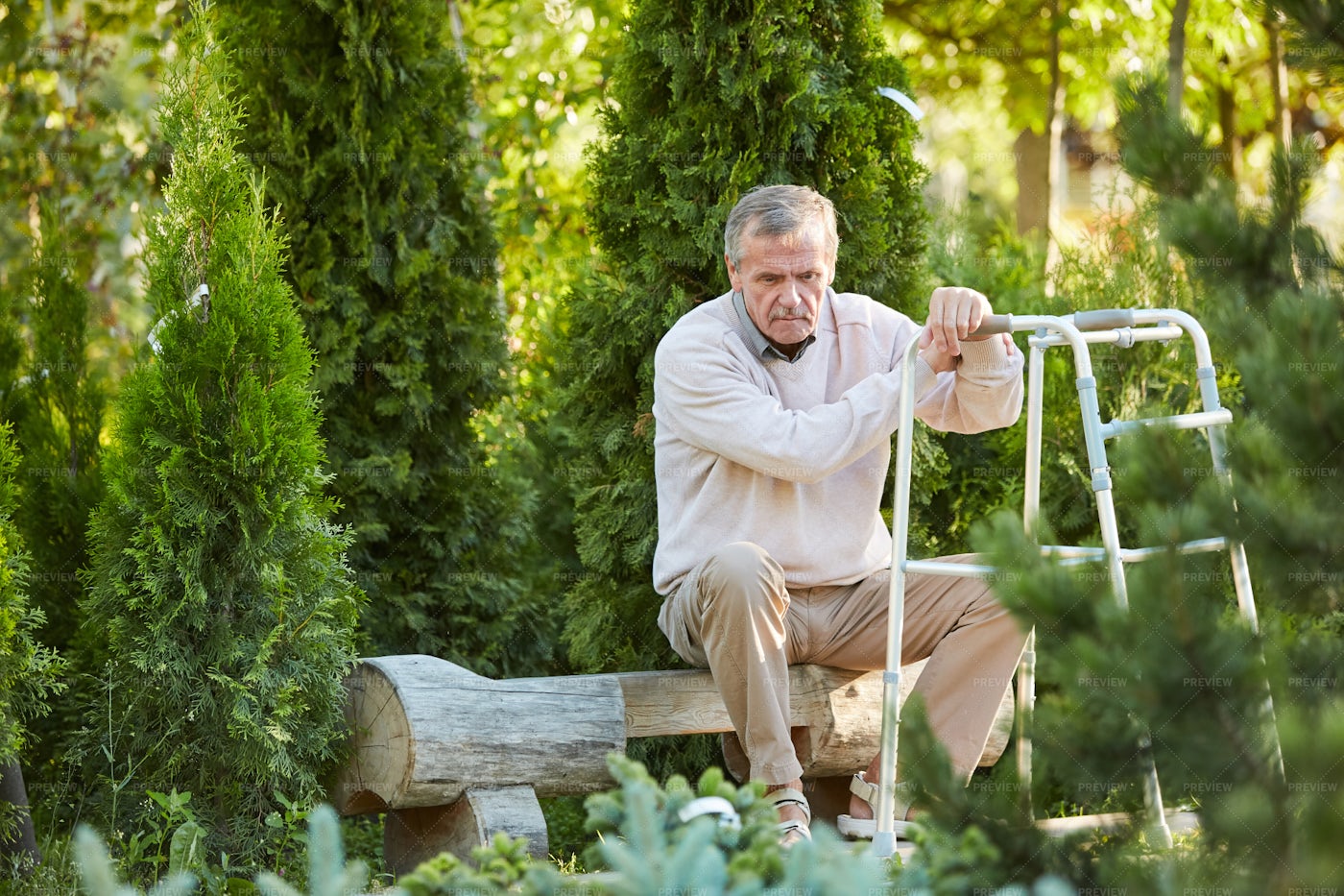 Depressed Senior Man With Walker: Stock Photos
