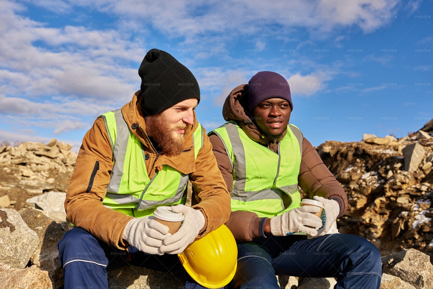 Workers Drinking Coffee In Quarry: Stock Photos