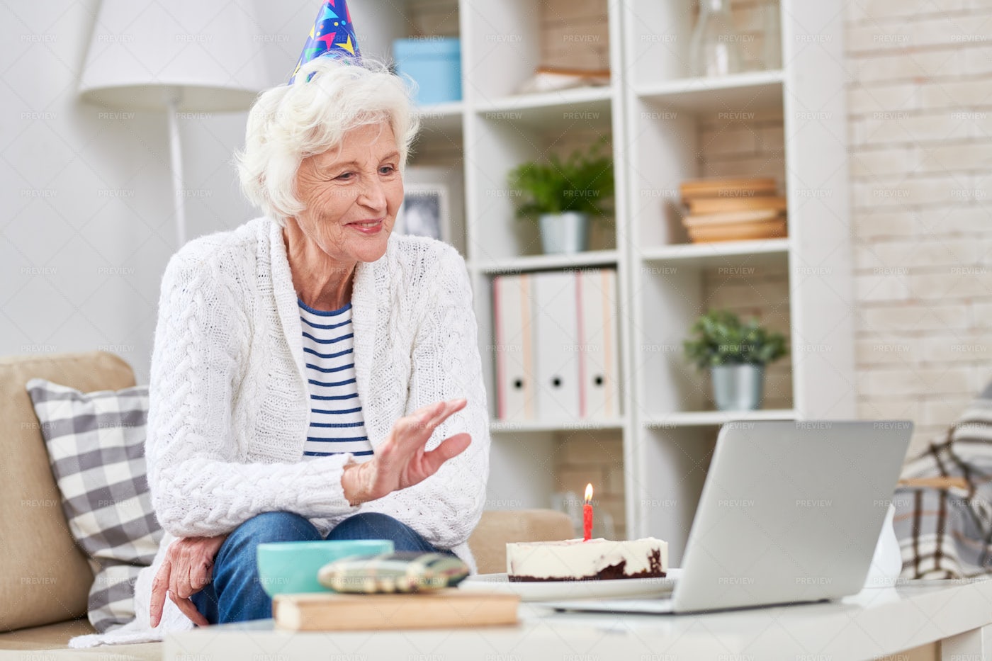 Happy Senior Birthday Woman Talking...: Stock Photos