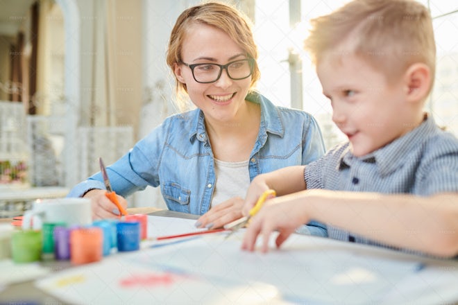 Happy Mother And Son Crafting... - Stock Photos | Motion Array