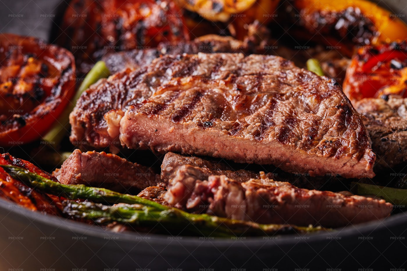 Grilled Beef Steak In A Black Pan: Stock Photos