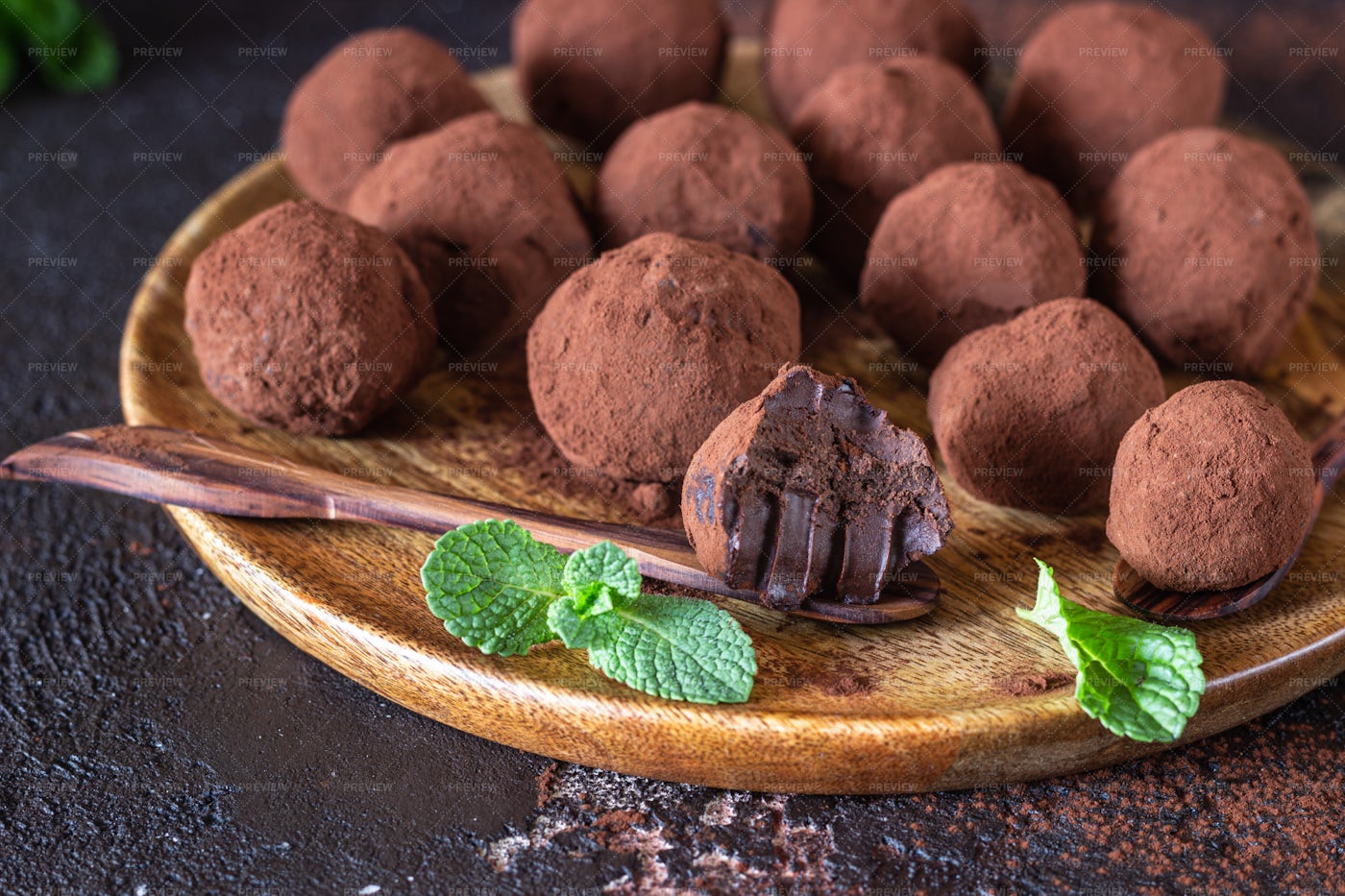 Dark Chocolate Truffles And Mint: Stock Photos