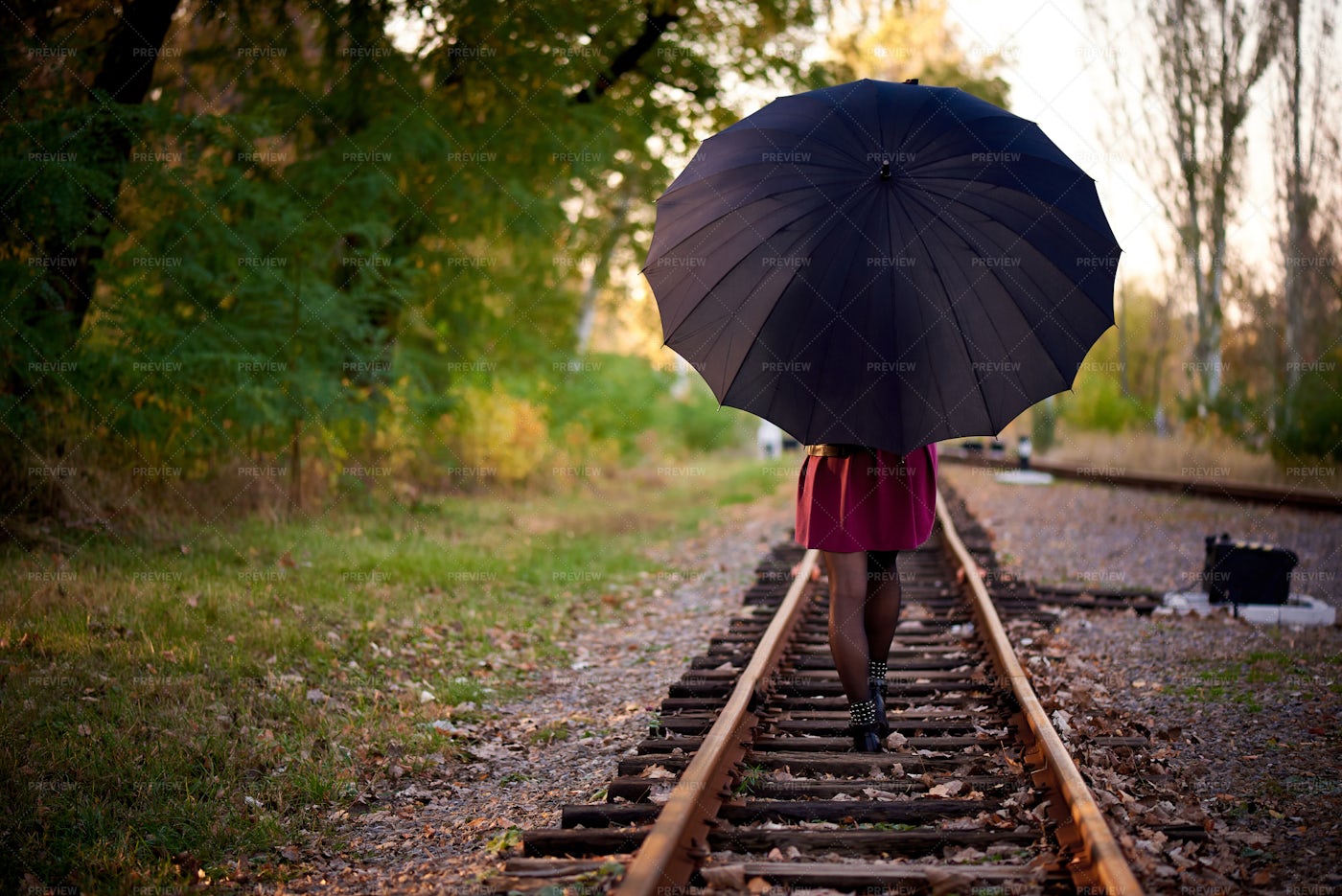 Woman With A Black Umbrella: Stock Photos