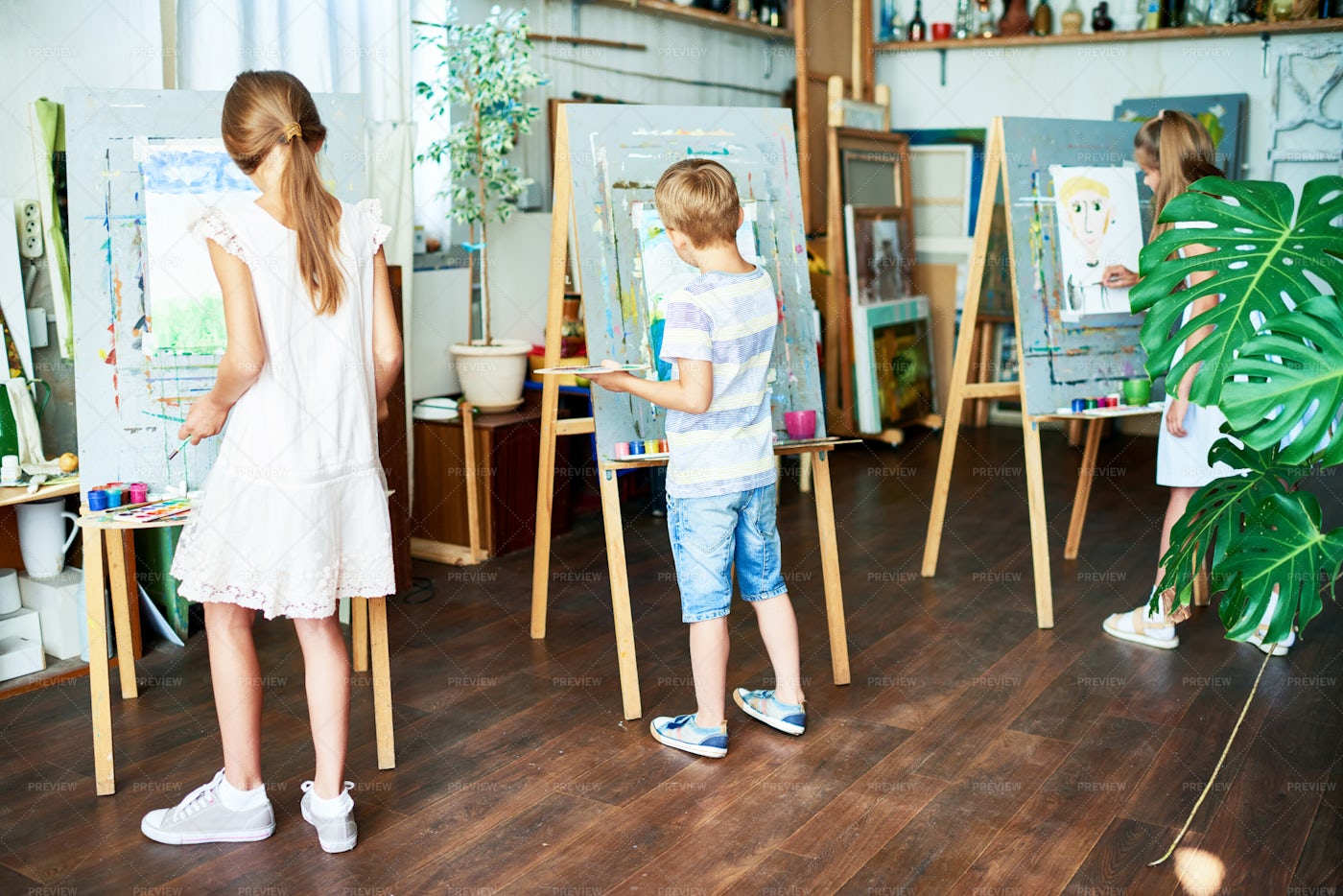 Gifted Pupils Drawing At Art Studio: Stock Photos