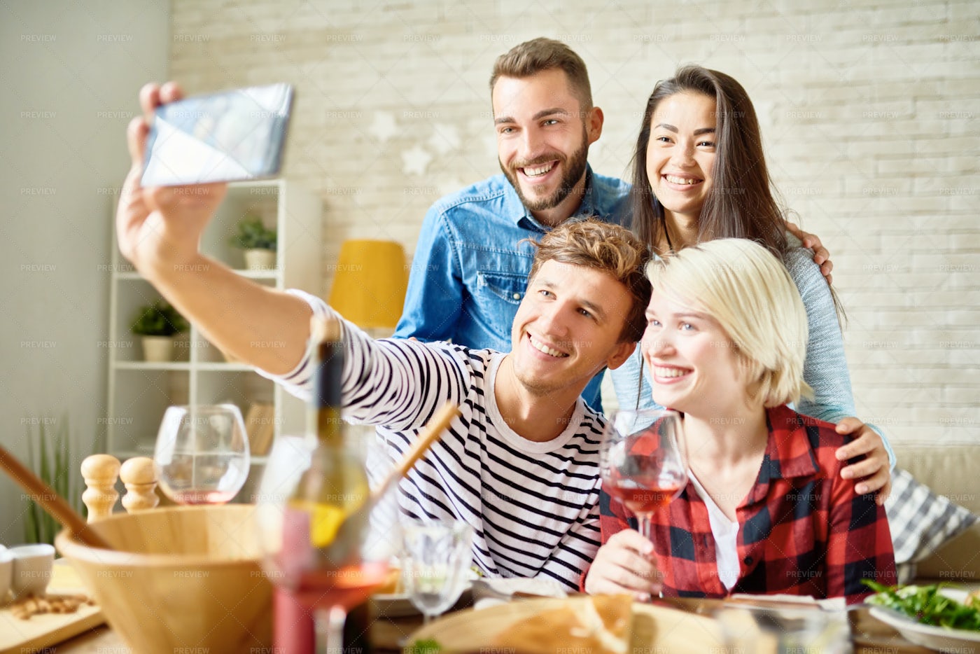 Happy Couples Posing For Selfie: Stock Photos