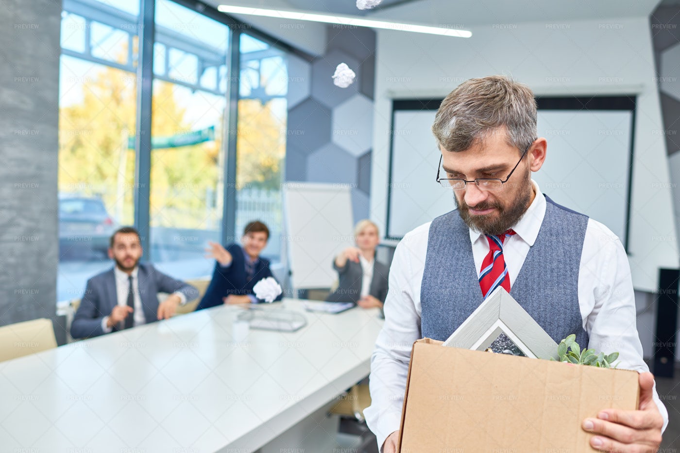 Sad Bearded Businessman Fired From...: Stock Photos