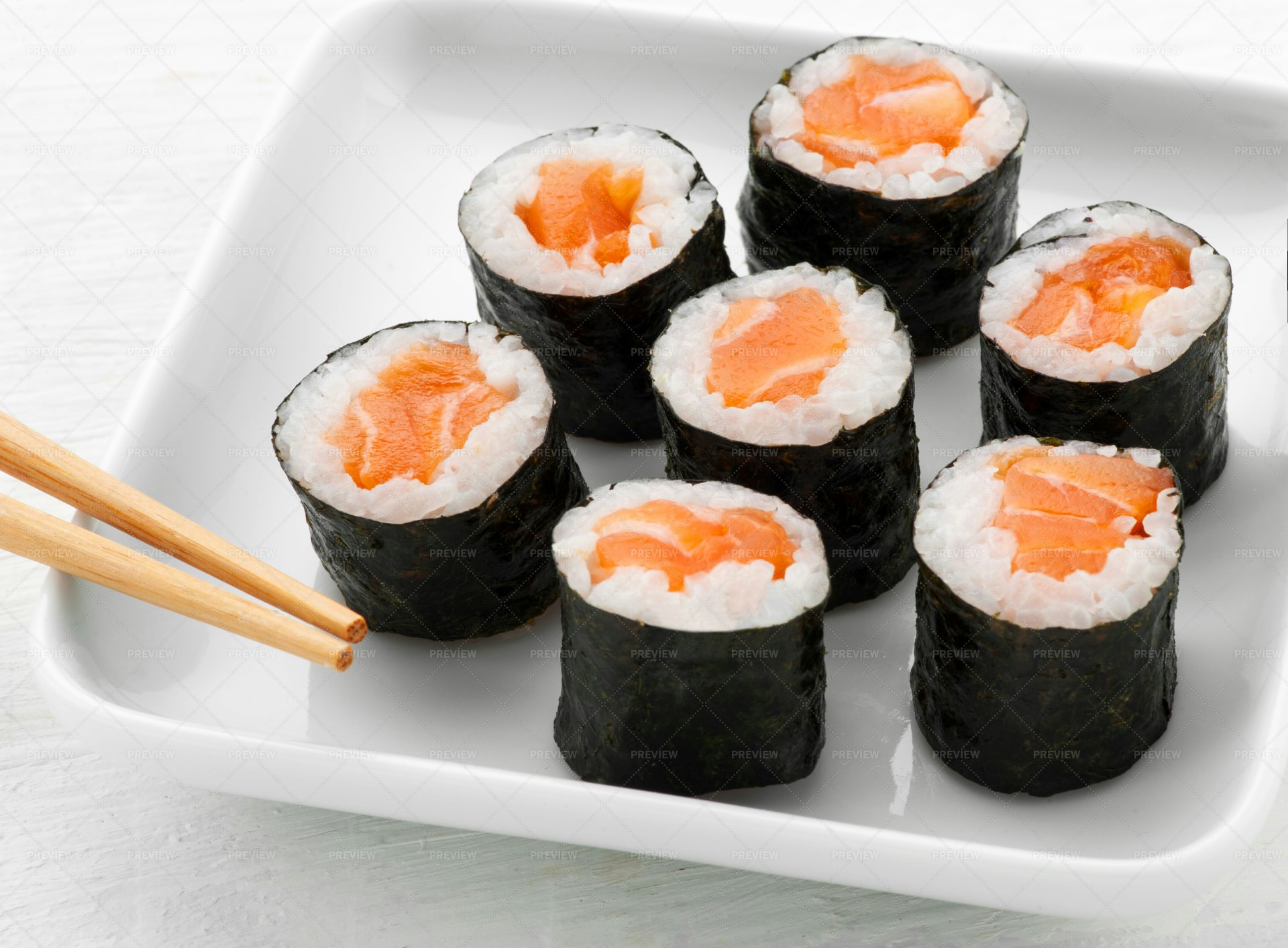 Seven Hosomaki Salmon Sushi - Stock Photos | Motion Array