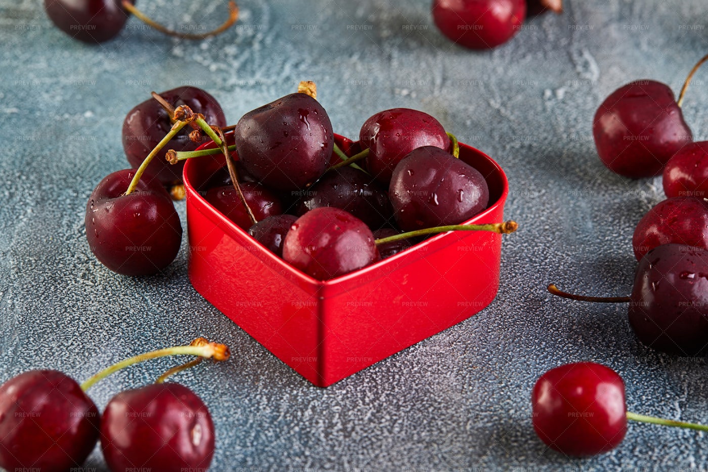Heart Tin Of Cherries: Stock Photos