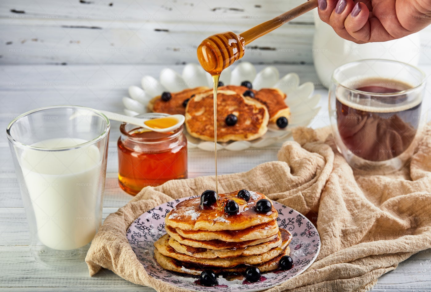 Honey On The Pancakes: Stock Photos