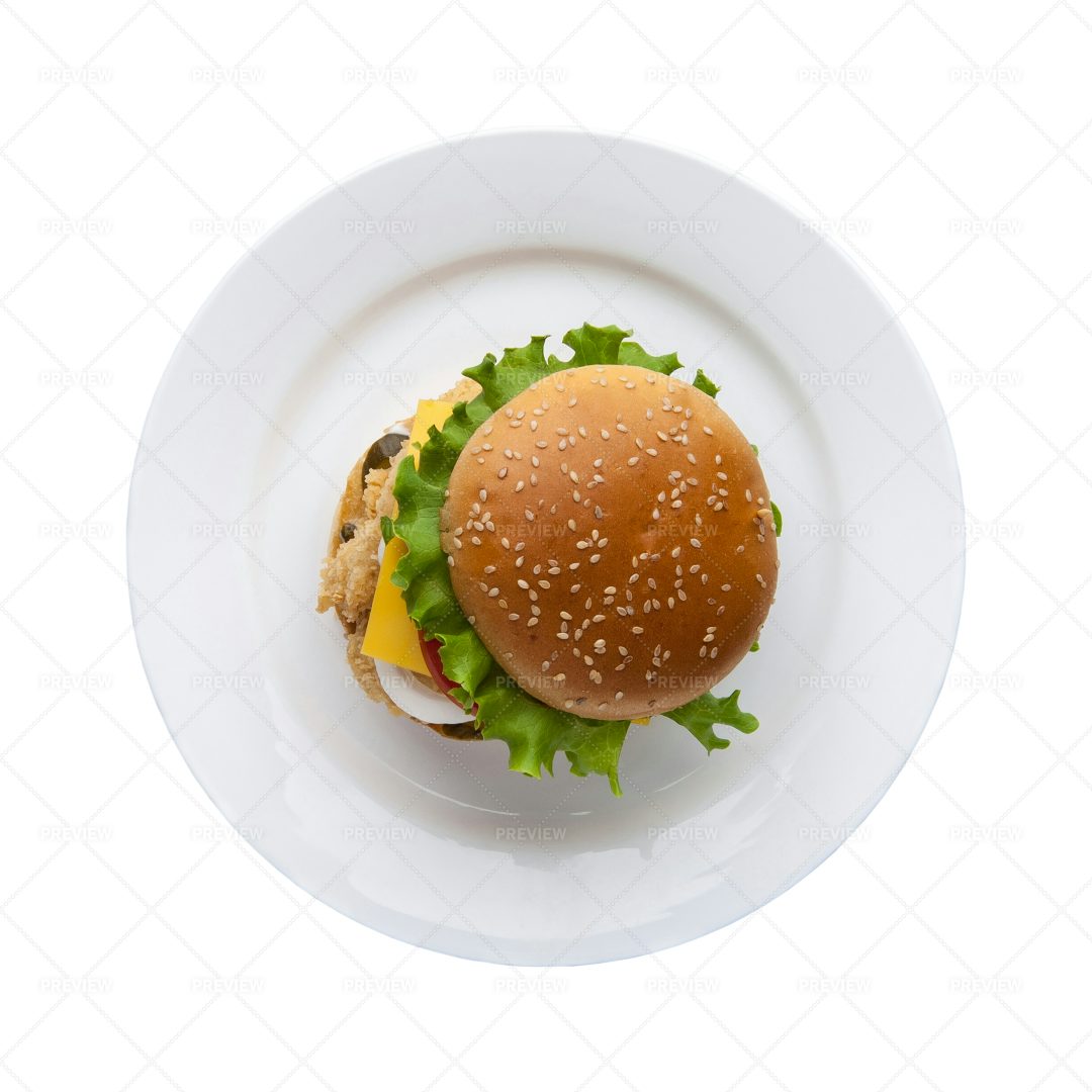 Hamburger On White Plate: Stock Photos