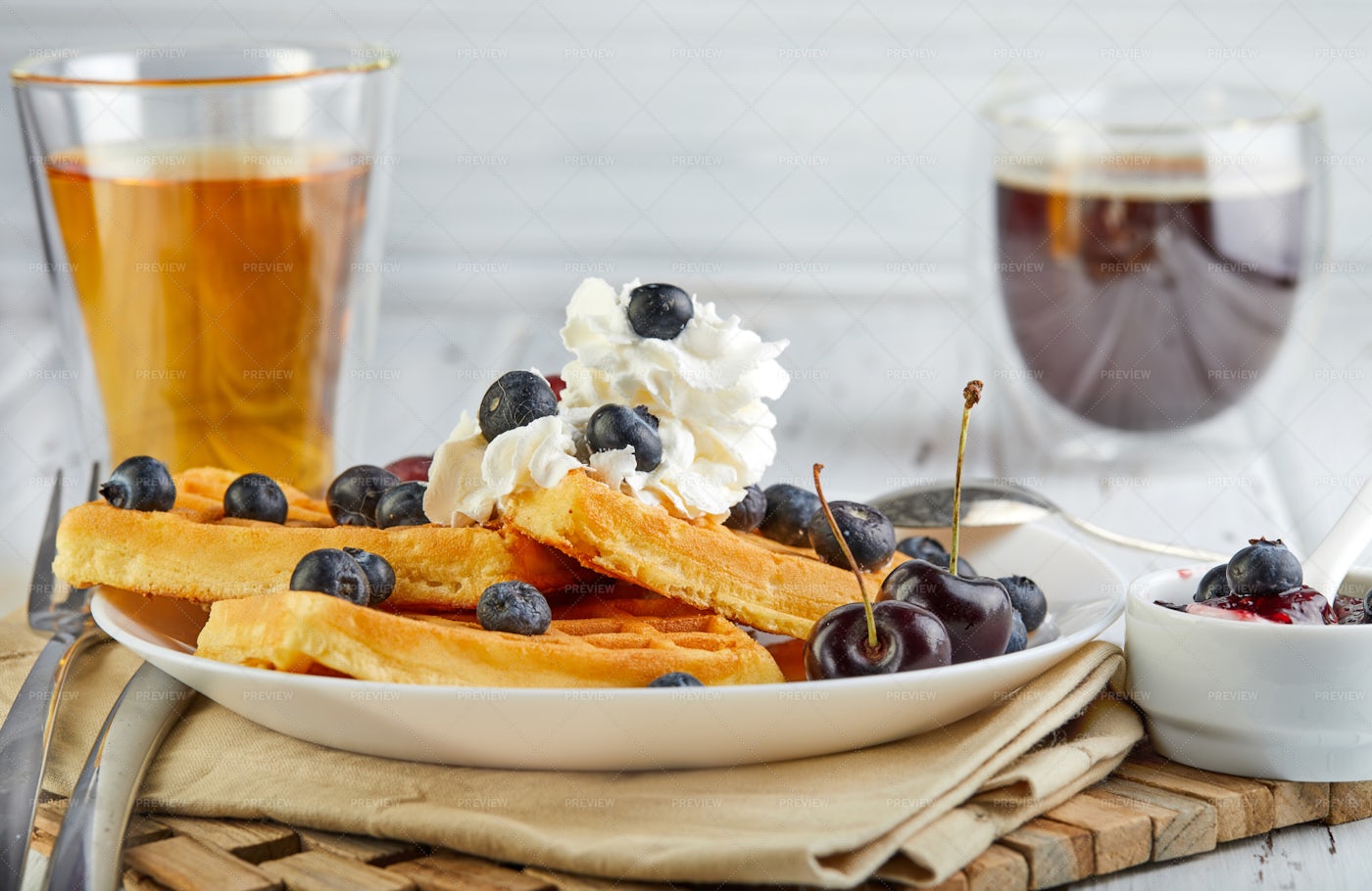 Waffles, Cream And Berries: Stock Photos
