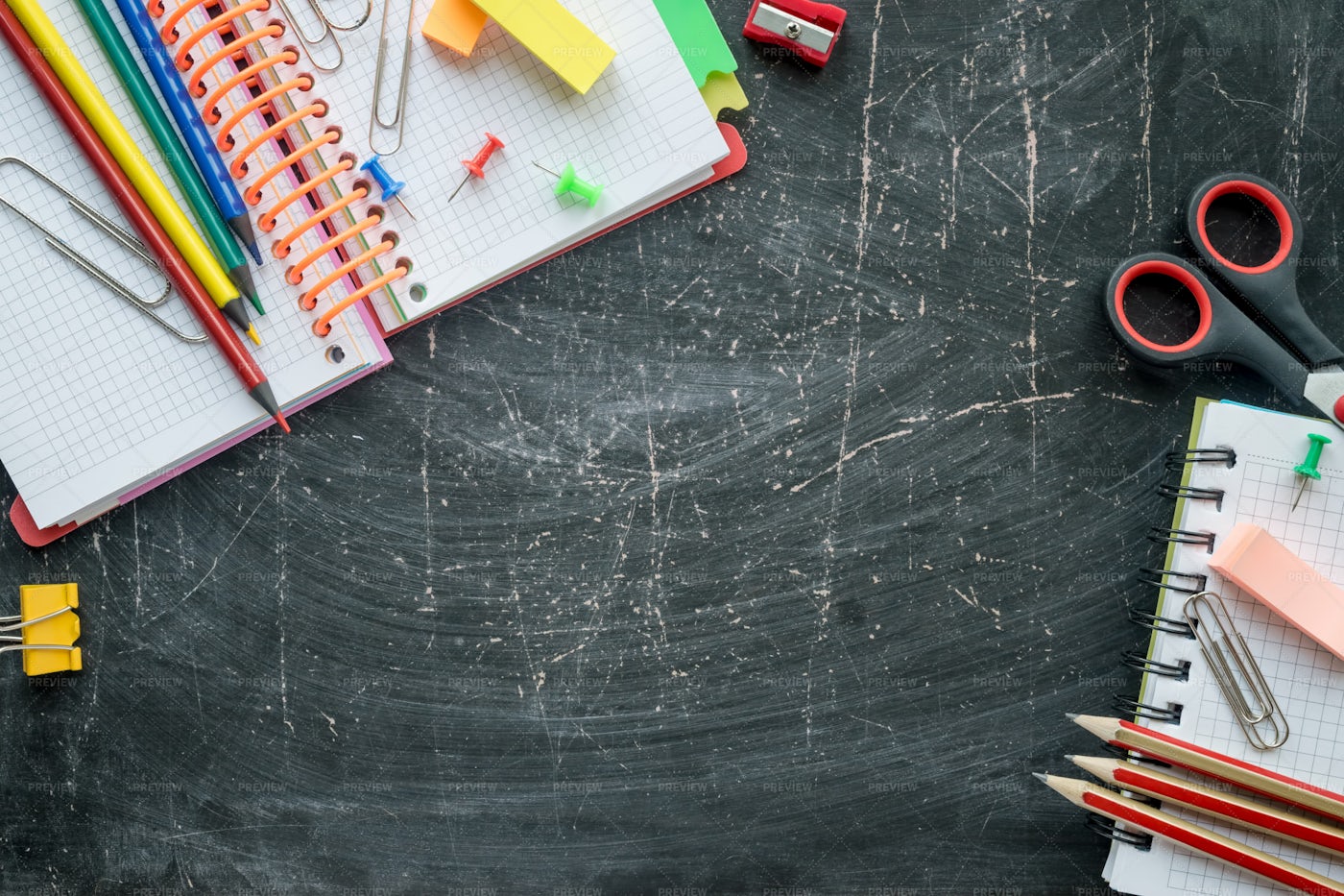 Stationery On A Chalkboard: Stock Photos
