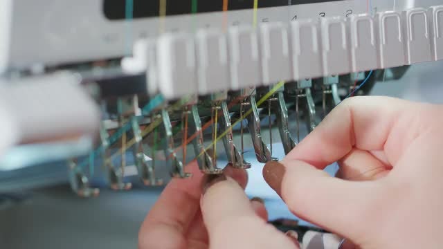 Put Thread In Industrial Embroiderer: Stock Video