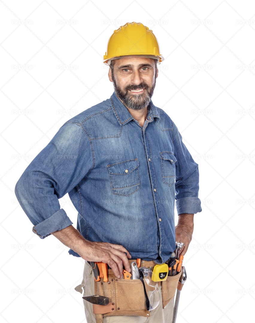 Mature Handyman Isolated On White: Stock Photos