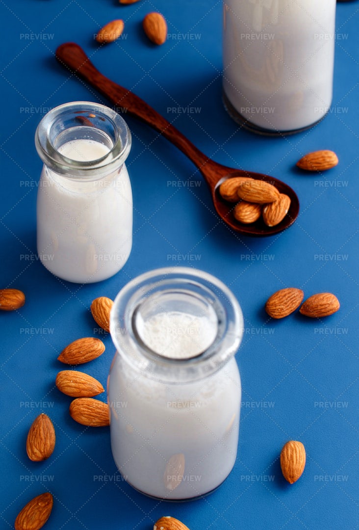 Three Bottles Of Almond Milk: Stock Photos