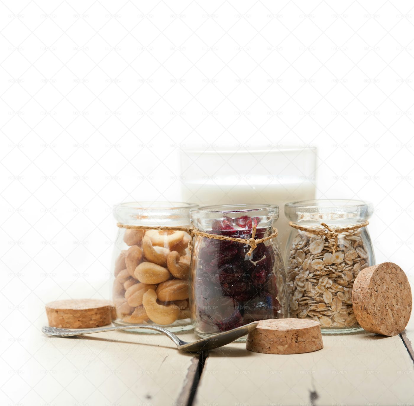 Healthy Breakfast Ingredients In Jars: Stock Photos