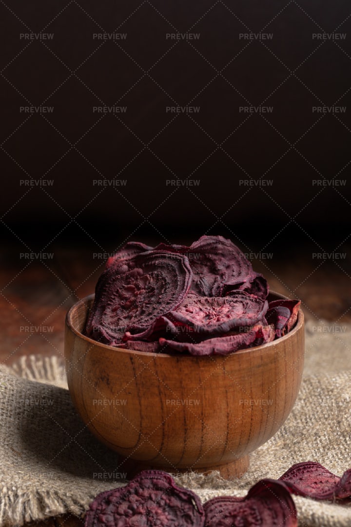 Wooden Bowl Of Beetroot Chips: Stock Photos