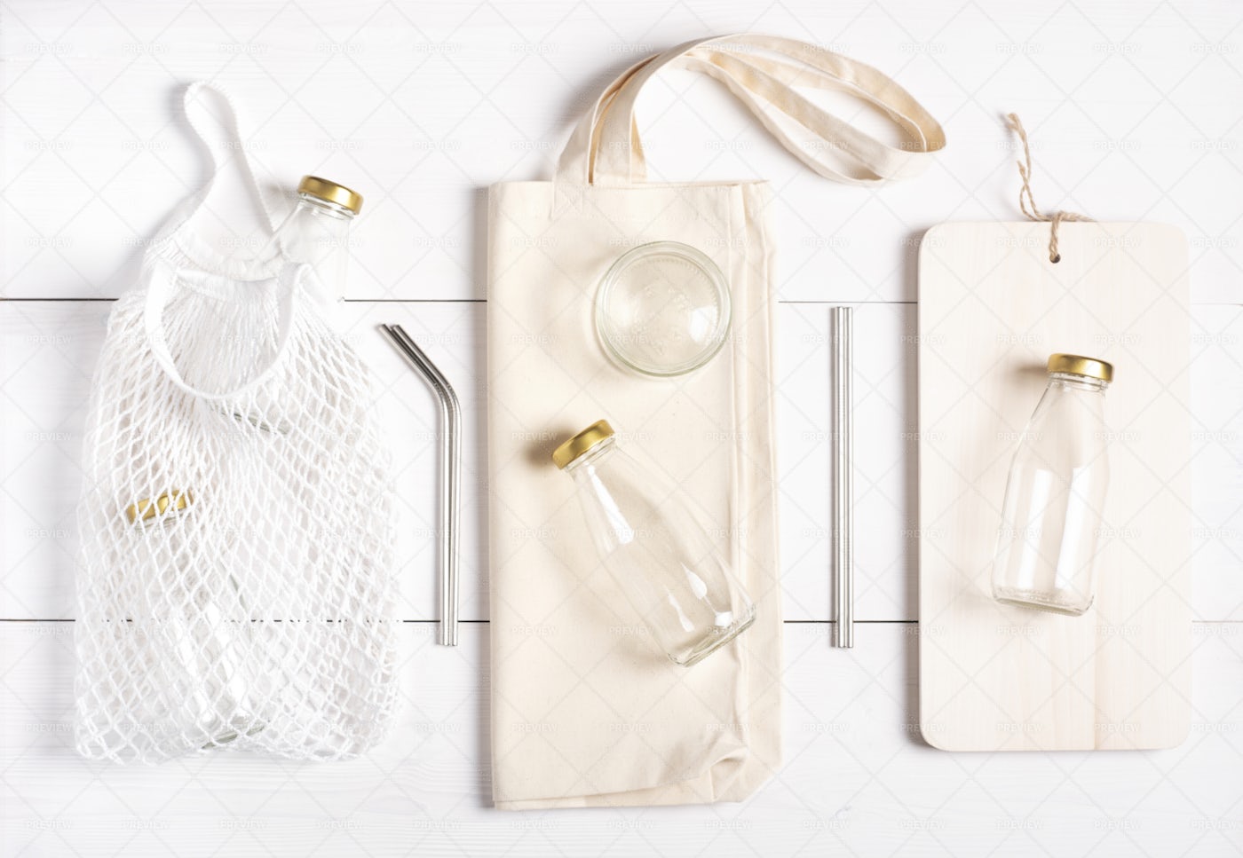 Reusable Bags And Glass Bottles: Stock Photos