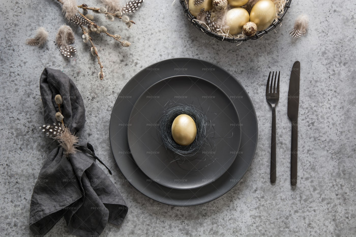 Easter Table Setting In Black: Stock Photos